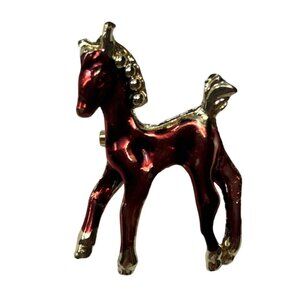 Vintage Gold-Tone & Red Enamel Horse Brooch Pin A386